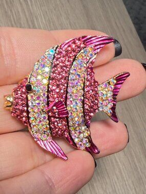 Tropical Fish Brooch Pink and White Striped Rhinestones Pin 1.75 inches